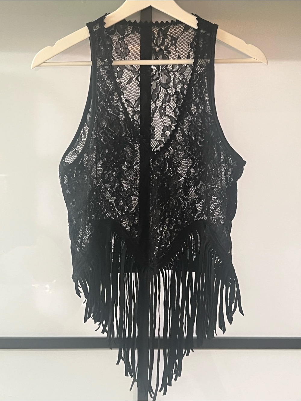 Black Floral Lace Fringe Vest Boho Western Festival Cowgirl M